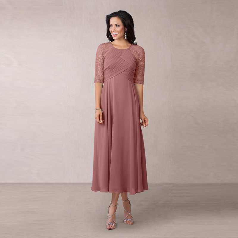 Dusty Rose Tea Length Mother of the Bride Dresses Chiffon