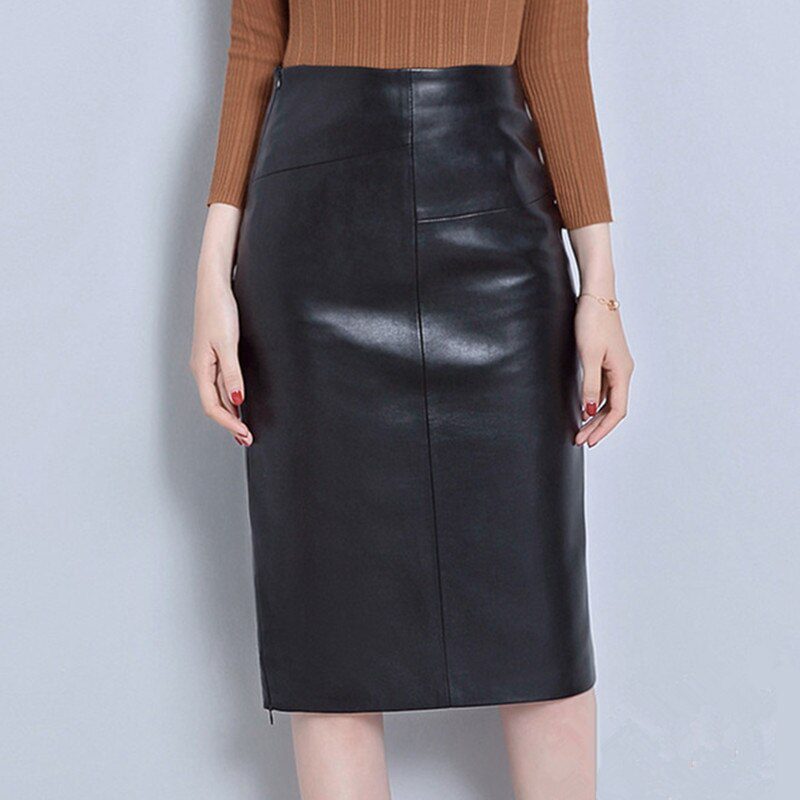 Soft Leather Skirt Women Imitate Sheepskin Midi Knee Length Skirts High ...