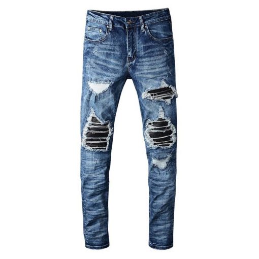 Men’s PU leather patchwork ripped biker jeans Patch slim skinny stretch ...