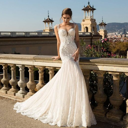 2021 Tulle Wedding Dress O Neck Off Shoulder Mermaid Zipper Appliqued Lace Bridal Gowns Made robe de mariage Graceful Women cb5feb1b7314637725a2e7: Ivory|White
