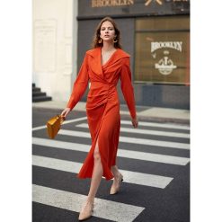 AEL NEW spring women’s dresses side hight split dress long Orange red Jacquard fabric 2019 streetwear Dresses Women cb5feb1b7314637725a2e7: Orange
