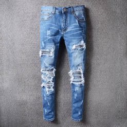 Men’s blue pleated patchwork hole ripped biker jeans for motorcycle Casual slim skinny distressed stretch denim pants Biker Jeans Bottom Casual Jeans Casual Pants Classic Jeans Denim Jeans Men Ripped Jeans Skinny Jeans Slim Jeans Straight Jeans Streetwear Jeans Stretch Jeans cb5feb1b7314637725a2e7: Blue