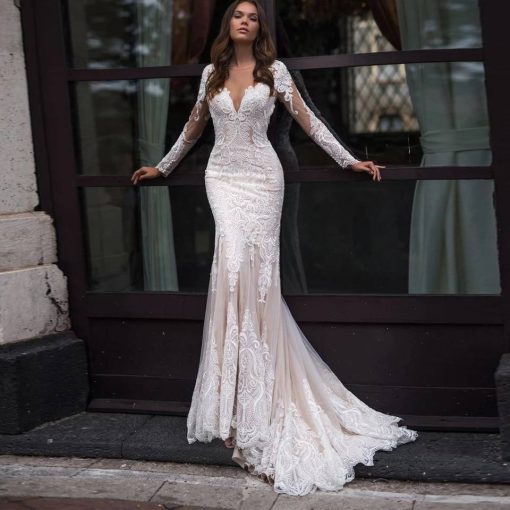 Gorgeous Long Sleeve Lace Mermaid Wedding Dresses 2021 Illusion Tulle Bridal Gown With Button Back Sheer O-Neck Sweep Train Dresses Weddings & Events Women cb5feb1b7314637725a2e7: Champagne|custom made|Ivory|picture color|White