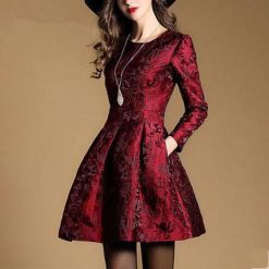 2021 New Autumn Long Sleeve Jacquard Dress Work Casual Party Slim O-neck Printing Dresses Women A-line Vintage Vestidos Spring Dresses Women cb5feb1b7314637725a2e7: Blue|Red