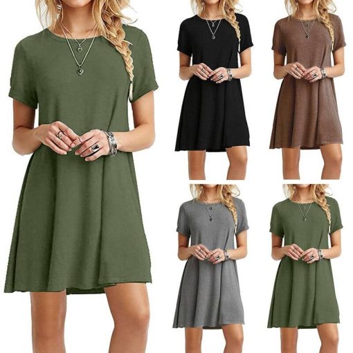 Women Solid Green Brown Dress Short sleeve female casual Loose dresses chic knee length vestidos Dresses Women cb5feb1b7314637725a2e7: Black|Blue|brown|Gray|Green|Pink|White