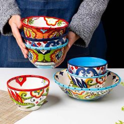 Bohemian Hand-Painted Ceramic Salad Bowl Rice Ramen Bowl Soup Bowls Fruit Home Breakfast Cereal Household Kitchen Tableware Home Garden & Appliance cb5feb1b7314637725a2e7: blue-4.75inches|blue-6 inches|green-4.75inches|green-6inches|red-4.75inches|red-6inches