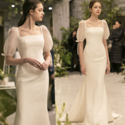 2021 New Elegant Simple Slim Square Neck Satin Korean Vintage Bubble Short Sleeve Sweep Train Wedding Gown Wedding Dress White Weddings & Events Weddings Dresses Women cb5feb1b7314637725a2e7: off white