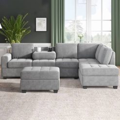 Convertible Sectional Sofa With Storage Ottoman And Two Cup Holders For Living Room With Reversible Chaise, L Shaped Couch Set Home Garden & Appliance cb5feb1b7314637725a2e7: FX02924BR|FX02924GY
