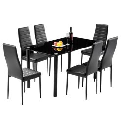6-Seater Dining Table Chair Set Includes 1 Tempered Glass Dining Table + 6 High Backrest Dining Chairs Black