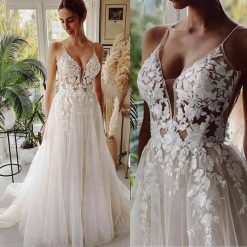 Beach Wedding Dresses 2021 Long Tulle Lace Vintage Bridal Gown A-Line Court Train Pluging V-Neck Vestido de Noiva Dresses Women cb5feb1b7314637725a2e7: Ivory|White