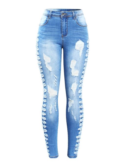 Stretchy Ripped Jeans Woman Side Distressed Denim Skinny Pencil Pants ...