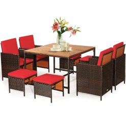9PCS Patio Rattan Dining Set Cushioned Chairs Ottoman Wood Table Top Outdoor HW65997 Home Garden & Appliance 1ef722433d607dd9d2b8b7: United States