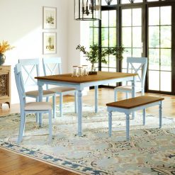 6 Piece Wooden Kitchen Dining Table Set W/ 1 Bench & 4 Padded Dining Chairs Light Green