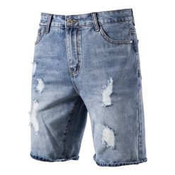 AIOPESON Cotton Hole Short Jeans Men Casual Streetwear Mid Waist Solid Color Denim Shorts for Men Summer Blue Mens Jeans Pants Men cb5feb1b7314637725a2e7: Blue
