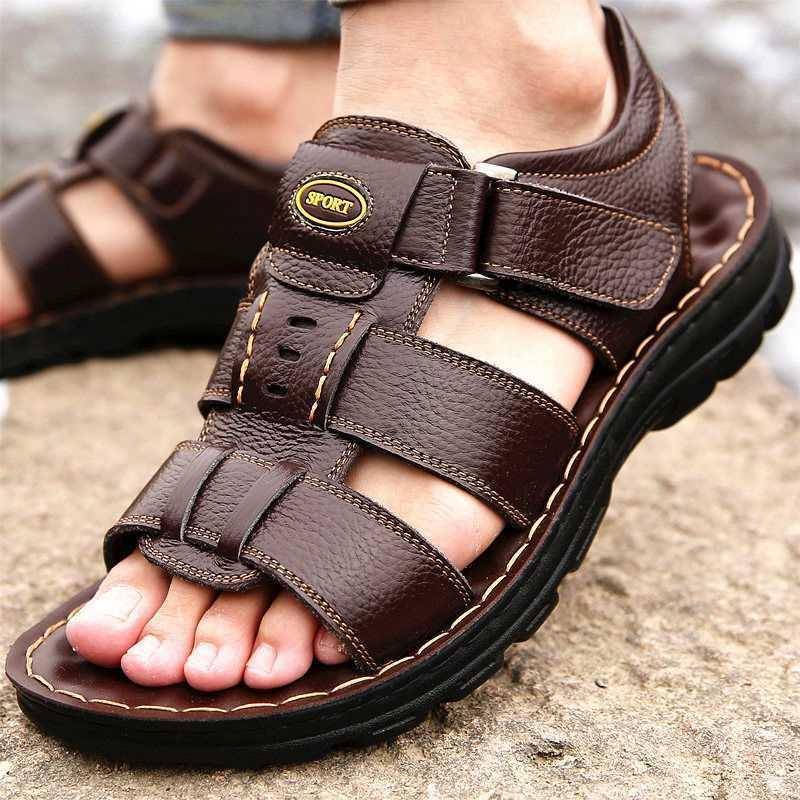 Men Genuine Leather Sandals Summer Men Shoes Open-Toed Slippers ...