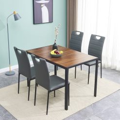 Dining Table Chair Set for 4 People 1 Wooden Countertop Modern Casual Coffee Table 4 Leather Chairs W/Cushion&High Back