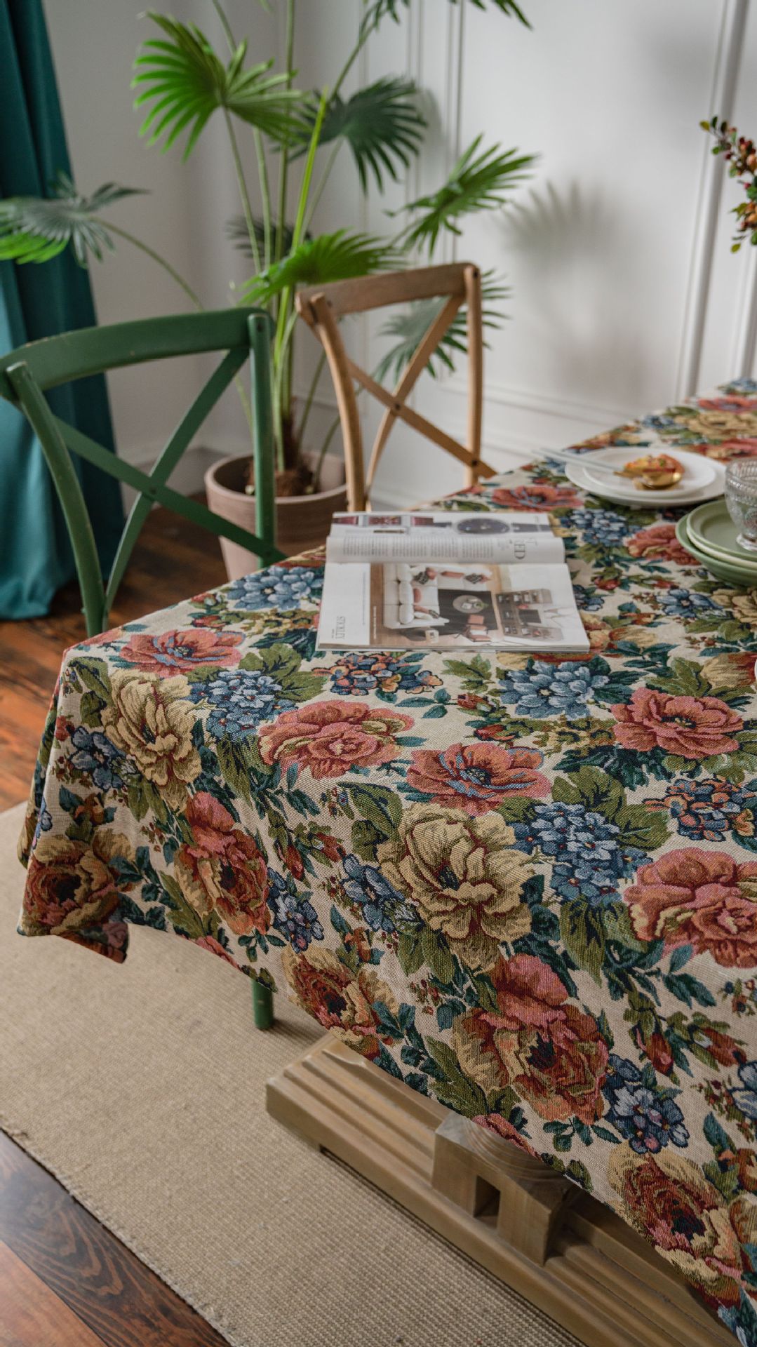 American Tablecloth Jacquard Oil Painting Table Cover Thick Bue Flowers Rectangular Wedding Dining Table Cover Tea Decoration