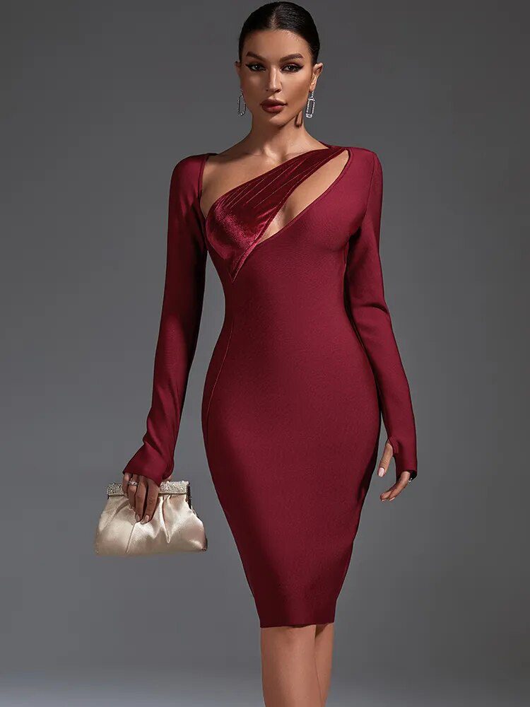 Long Sleeve Bandage Dress Women Red Party Dress Bodycon Elegant Sexy Cut Out Evening Birthday Club Outfits Summer